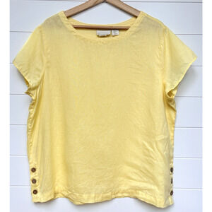 Cynthia Rowley 100% Linen Yellow Boxy Blouse Top XL Short Sleeve Button Beachy